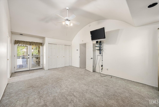 7310 Clifftop Way, Bakersfield, CA 93306 - unfurnished bedroom with lofted ceiling, access to exterior, light carpet, and ceiling fan