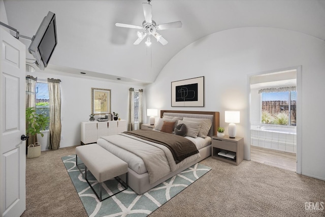 7310 Clifftop Way, Bakersfield, CA 93306 - carpeted bedroom featuring vaulted ceiling, multiple windows, ensuite bathroom, and ceiling fan