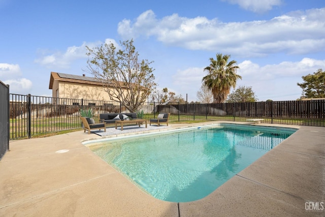 view of swimming pool with a fenced in pool, a fenced backyard, and a patio