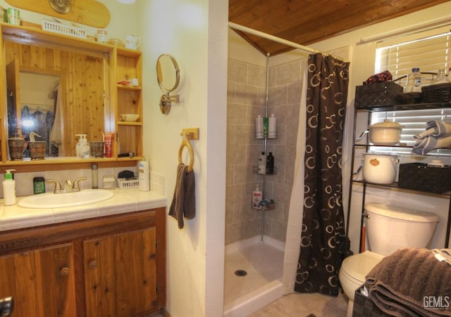 bathroom featuring toilet, wood ceiling, tile patterned floors, and curtained shower