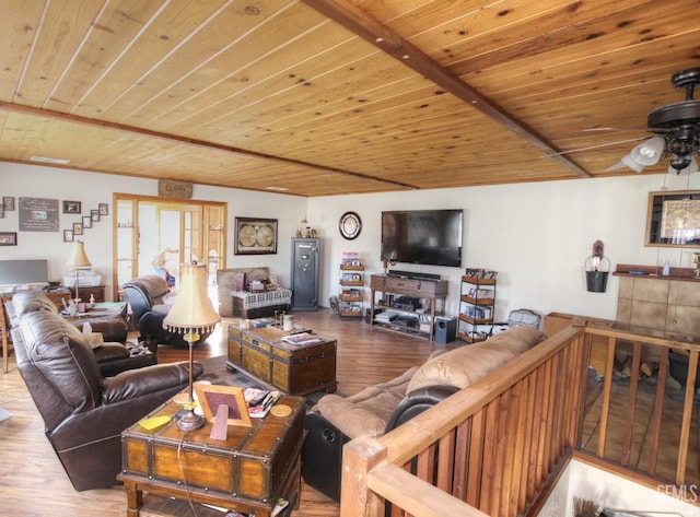 living room featuring ceiling fan, wood ceiling, beam ceiling, and hardwood / wood-style floors