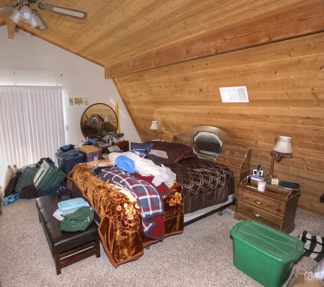 bedroom with wooden ceiling, carpet flooring, lofted ceiling, and ceiling fan