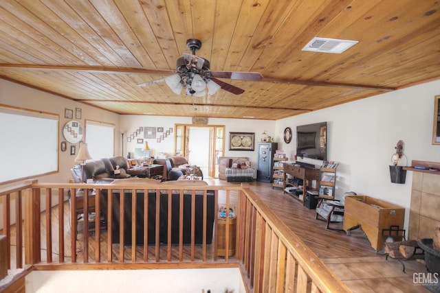 living room with ceiling fan and wooden ceiling