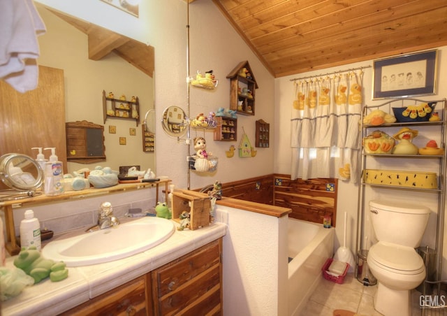 bathroom featuring toilet, vanity, vaulted ceiling, a tub, and wooden ceiling