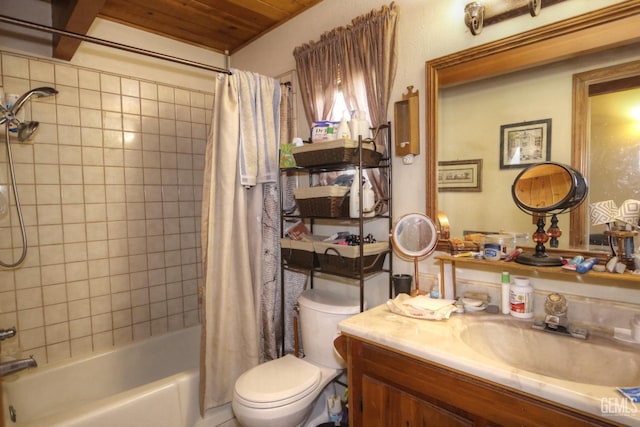 full bathroom featuring toilet, wood ceiling, shower / bathtub combination with curtain, and vanity