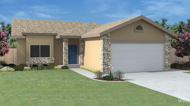 ranch-style home featuring a garage and a front lawn