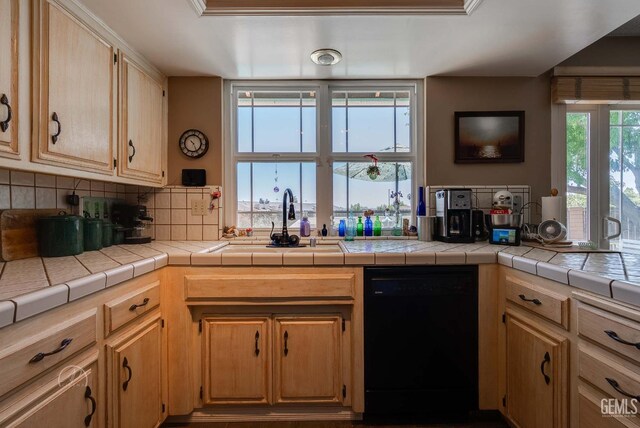510 Sierra St, Taft, CA 93268 - kitchen with black dishwasher, backsplash, light countertops, and light brown cabinets
