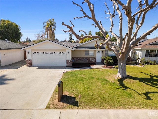 ranch-style house featuring driveway, a front lawn, and an attached garage