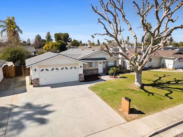 ranch-style home featuring a garage, concrete driveway, a residential view, fence, and a front yard