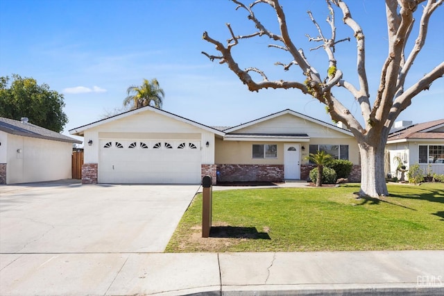 ranch-style home featuring a garage, concrete driveway, a front lawn, and brick siding