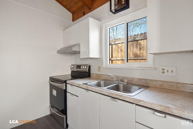 kitchen with sink, lofted ceiling, stainless steel electric stove, white cabinets, and wood ceiling