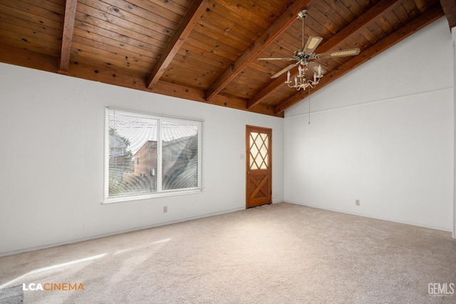 interior space featuring carpet floors, ceiling fan, beamed ceiling, and wooden ceiling