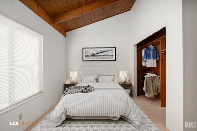 carpeted bedroom with lofted ceiling with beams and wood ceiling