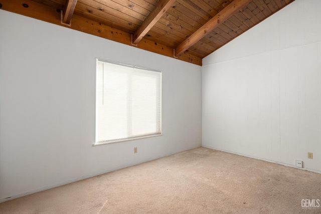 unfurnished room featuring vaulted ceiling with beams, light colored carpet, and wood ceiling