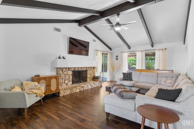 2513 Elm St, Bakersfield, CA 93301 - living room with a ceiling fan, wood finished floors, and a fireplace