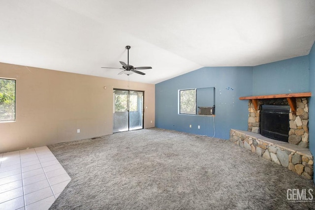 4120 Willow Trl, Frazier Park, CA 93225 - unfurnished living room with ceiling fan, vaulted ceiling, carpet, and a stone fireplace