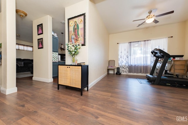 workout area with ceiling fan and dark hardwood / wood-style flooring