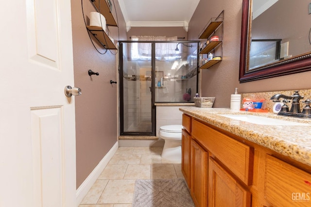 bathroom featuring toilet, tile patterned flooring, an enclosed shower, ornamental molding, and vanity