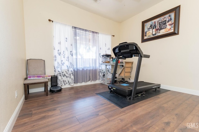 workout area with dark wood-type flooring