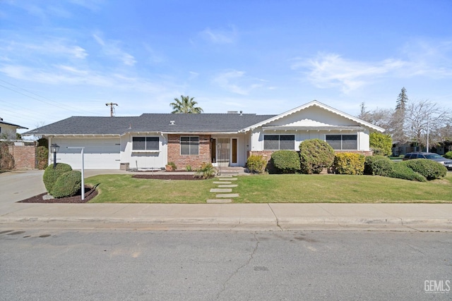 ranch-style home featuring driveway, brick siding, an attached garage, and a front yard