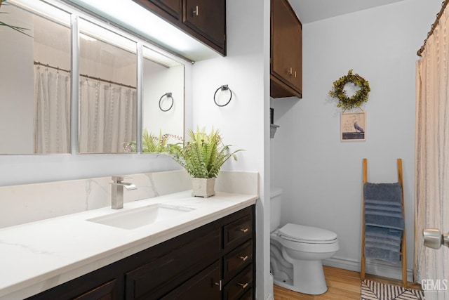 bathroom featuring toilet, a shower with curtain, wood finished floors, and vanity