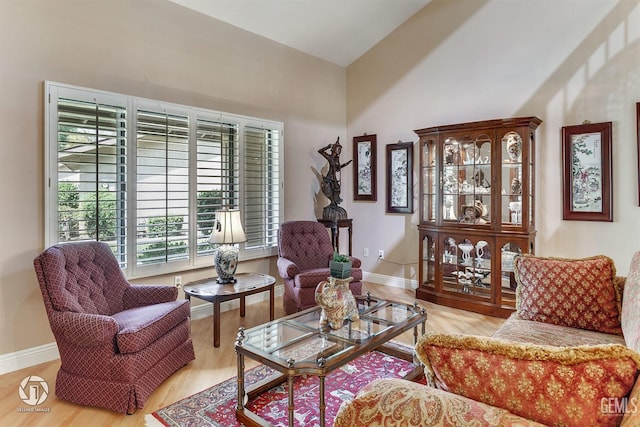 living room featuring a high ceiling, baseboards, and wood finished floors