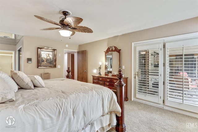 bedroom featuring access to outside, a ceiling fan, and carpet