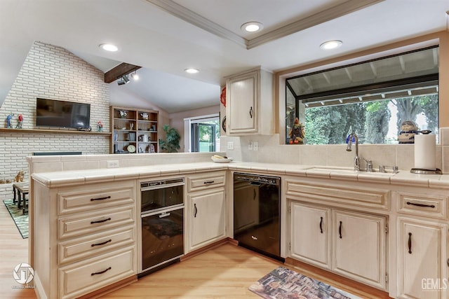 kitchen featuring a sink, vaulted ceiling, light wood finished floors, and dishwasher