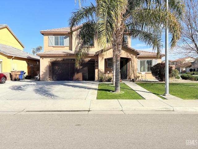 view of front of home featuring driveway, central AC unit, stucco siding, an attached garage, and a front yard