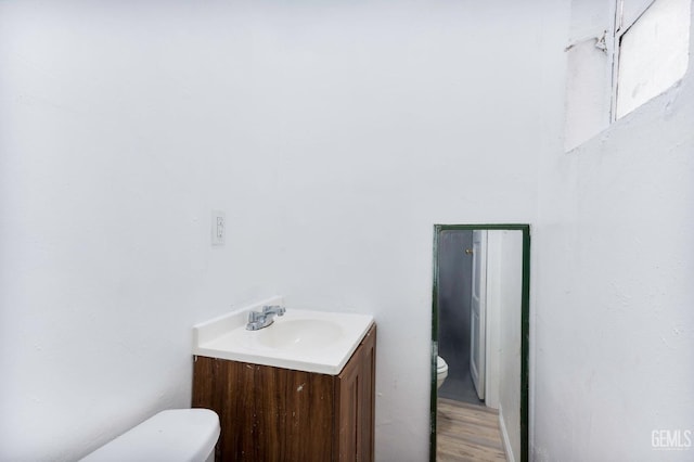 bathroom featuring wood finished floors, vanity, and toilet