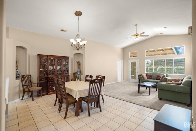10116 Bay Colony Dr, Bakersfield, CA 93312 - dining room featuring arched walkways, lofted ceiling, a ceiling fan, light colored carpet, and baseboards