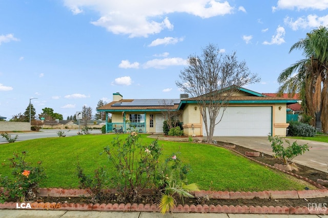 ranch-style house with solar panels, concrete driveway, a front lawn, a porch, and stucco siding