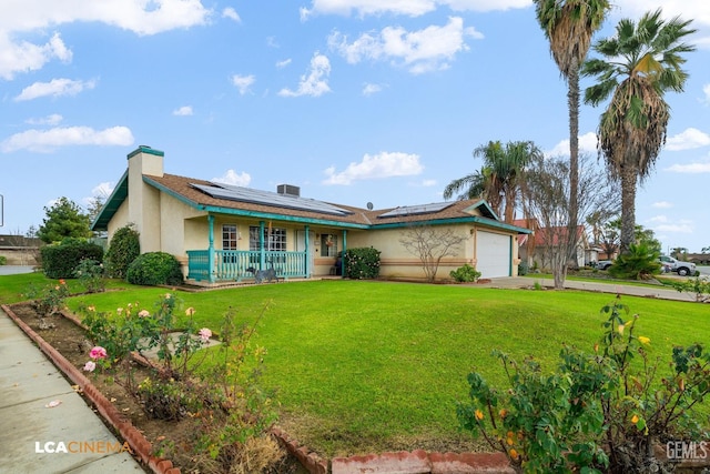 ranch-style house with a garage, a porch, a front lawn, and stucco siding