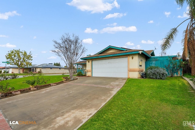 ranch-style house featuring a garage, a front lawn, concrete driveway, and stucco siding