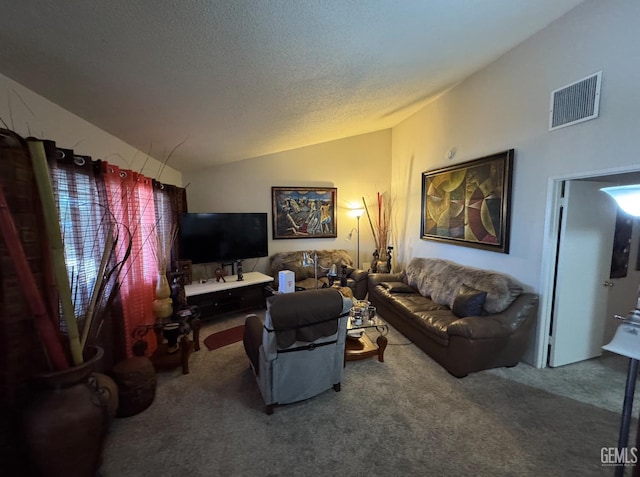 6501 Valley Ave, Inyokern, CA 93527 - carpeted living room featuring vaulted ceiling and a textured ceiling