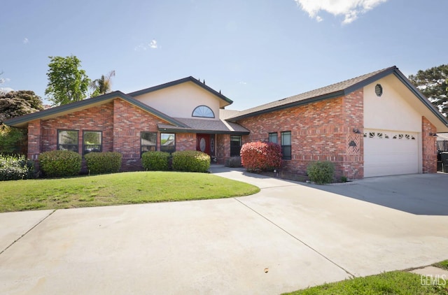 7001 Eloy Ave, Bakersfield, CA 93308 - view of front facade featuring a front yard, concrete driveway, stucco siding, brick siding, and a garage