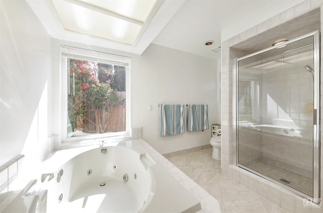 7001 Eloy Ave, Bakersfield, CA 93308 - bathroom with a shower stall, baseboards, marble finish floor, toilet, and a jetted tub