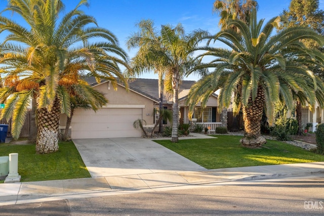 obstructed view of property with a garage and a front yard