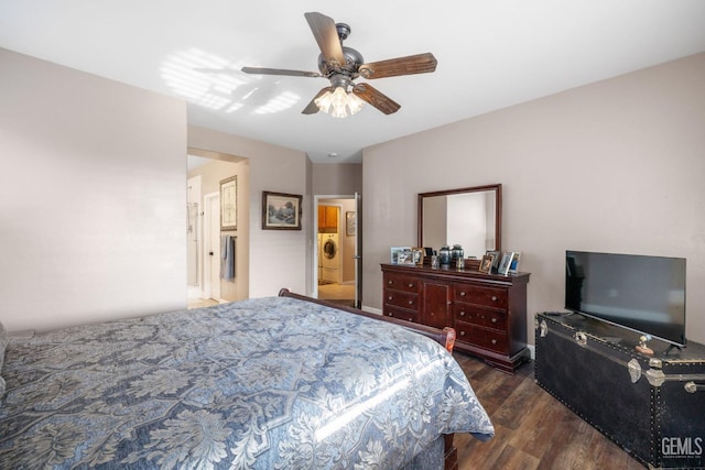 bedroom with washer / clothes dryer, dark hardwood / wood-style floors, and ceiling fan