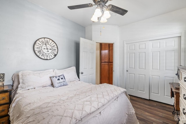 bedroom with dark hardwood / wood-style floors, a closet, and ceiling fan