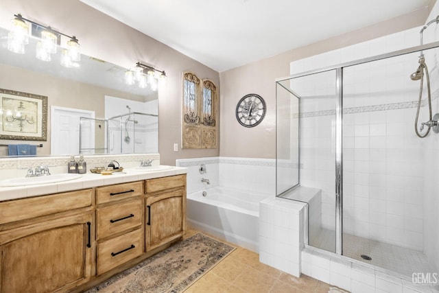 bathroom with vanity, separate shower and tub, and tile patterned flooring