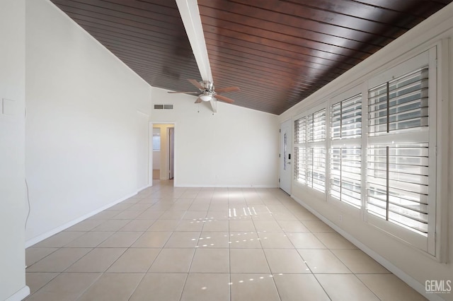 empty room with light tile patterned flooring, vaulted ceiling, wooden ceiling, and ceiling fan