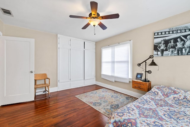 bedroom featuring dark hardwood / wood-style flooring, a closet, and ceiling fan