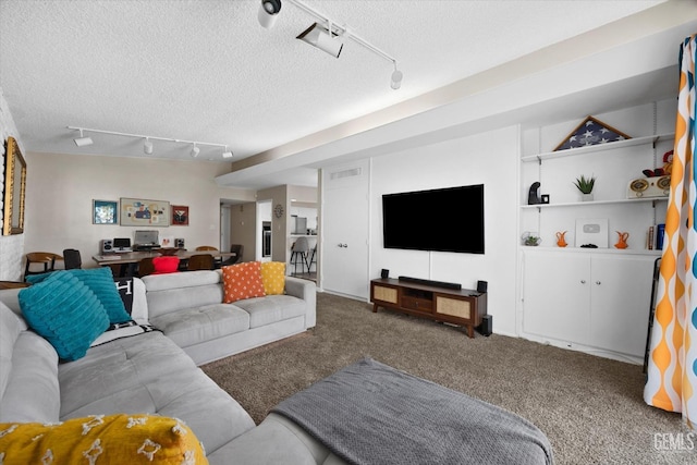 941 Panorama Dr, Bakersfield, CA 93305 - carpeted living area with track lighting, a textured ceiling, and a desk