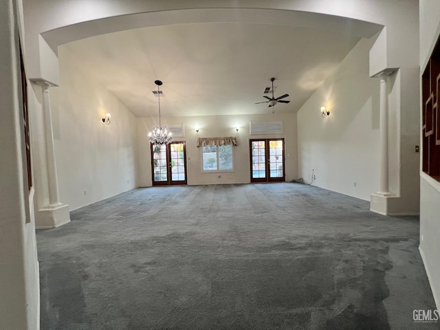 3205 Petite Sirah St, Bakersfield, CA 93306 - unfurnished living room with vaulted ceiling, carpet floors, ceiling fan, a chandelier, and decorative columns