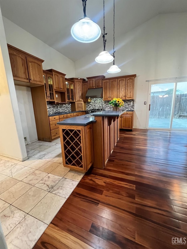 3205 Petite Sirah St, Bakersfield, CA 93306 - kitchen featuring high vaulted ceiling, dark countertops, under cabinet range hood, light wood-style flooring, and glass insert cabinets