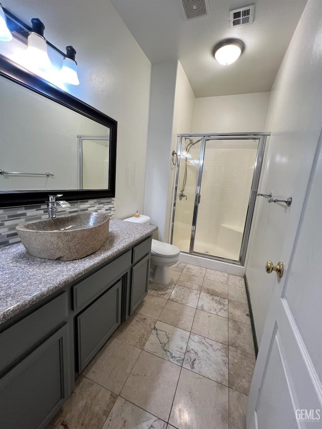3205 Petite Sirah St, Bakersfield, CA 93306 - full bath with vanity, a stall shower, tasteful backsplash, and marble look tiles