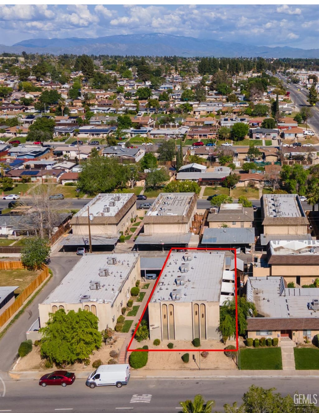 2709 Haley St, Bakersfield, CA 93305 - aerial overview of property's location with property parcel outlined
