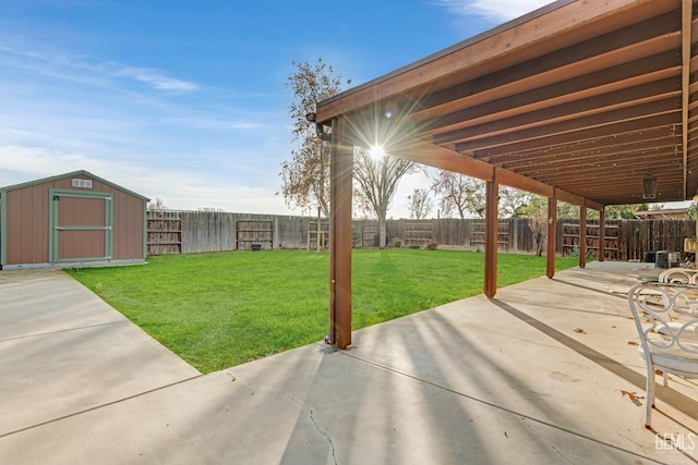 view of patio / terrace featuring a storage shed