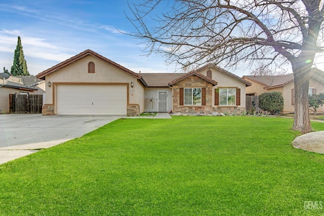 ranch-style house featuring a front yard and a garage